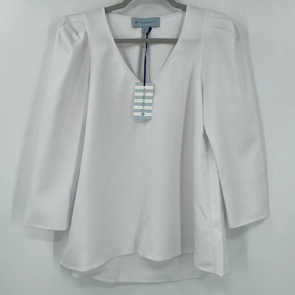 Tuckernuck Women's White Tetley Blouse Puff Sleeve Flowy Top Career Casual XS